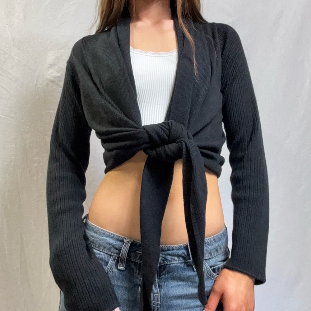 AB Studio Black Ribbed Tie-Front Cardigan